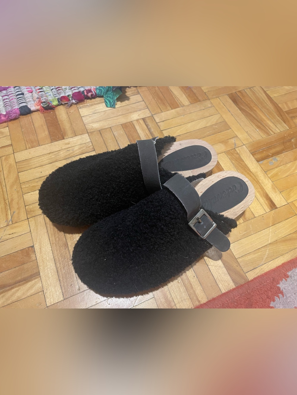 Intervalle Black Shearling Wood Clogs Mules Buckle Sz8